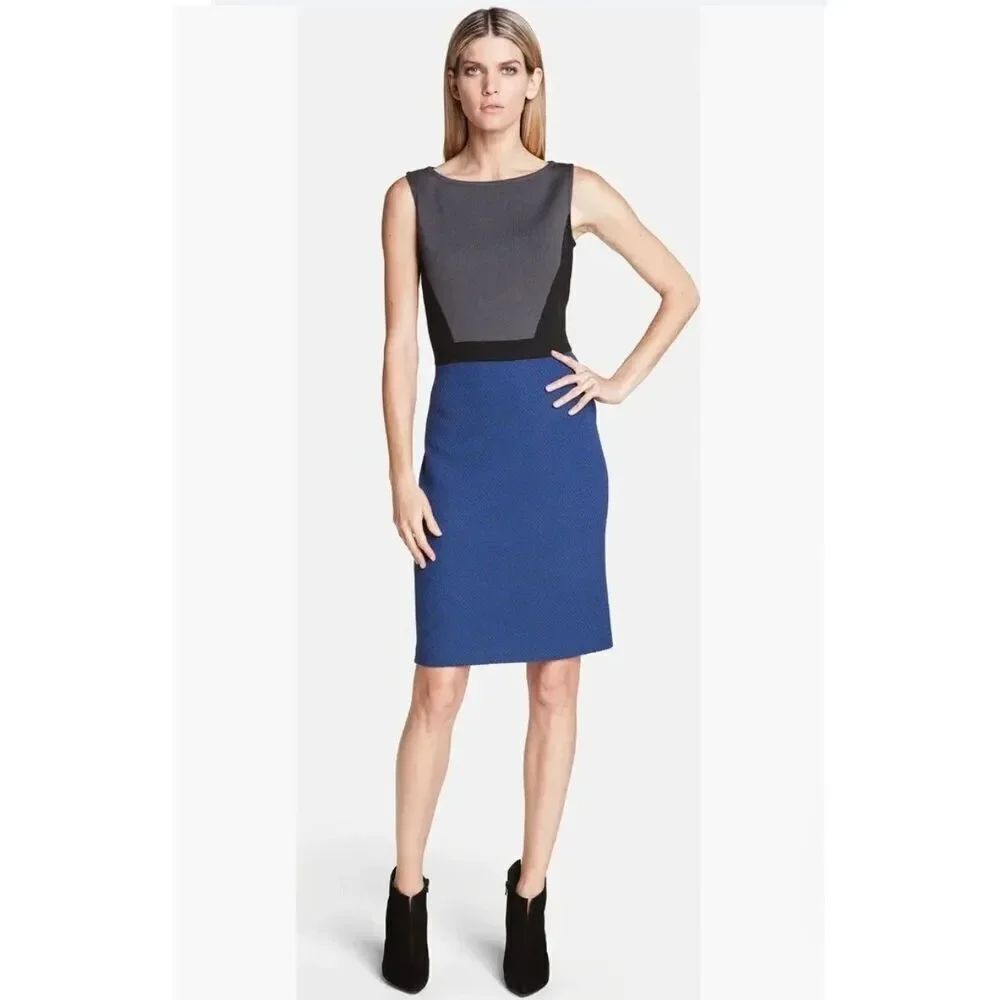 St. John Colorblock Knit & Tweed Sheath Dress Blue Black Gray Wool Blend Size 8